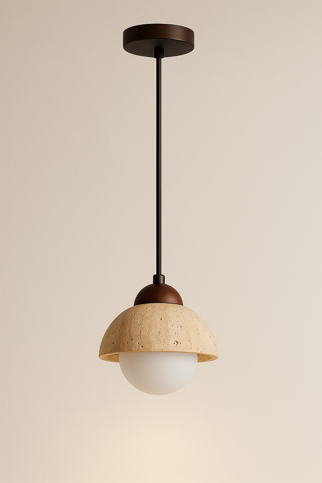 Pendant light with travertine stone and wood detail and white bulb on beige background