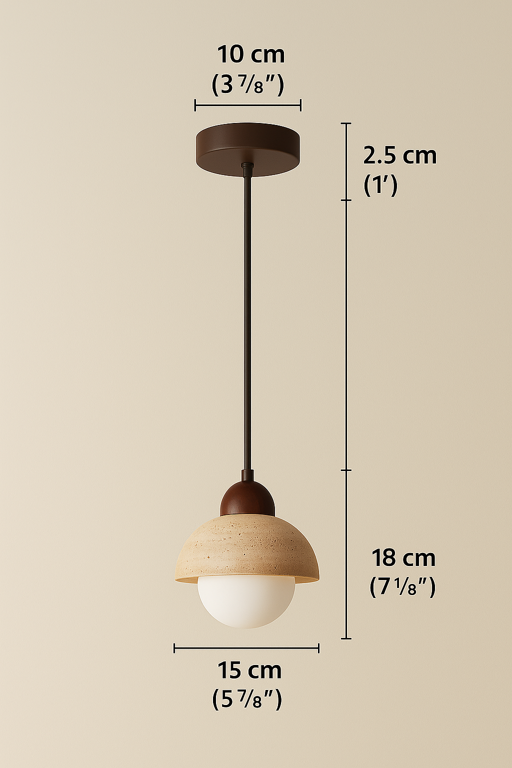 Travertine stone pendant light with dimensions labeled on a beige background