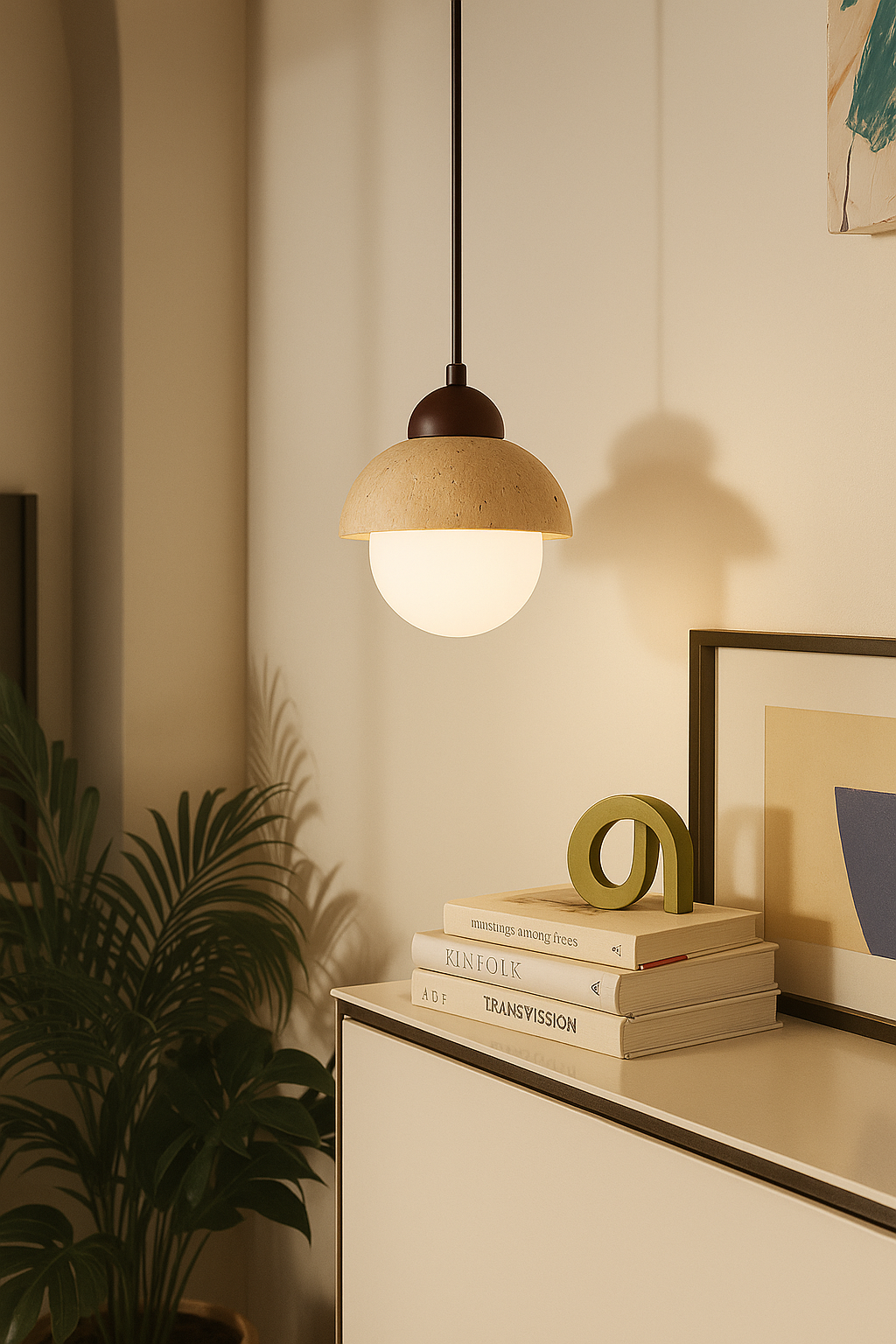 Tessaro Dome Pendant Light - Travertine Stone & Oak Wood