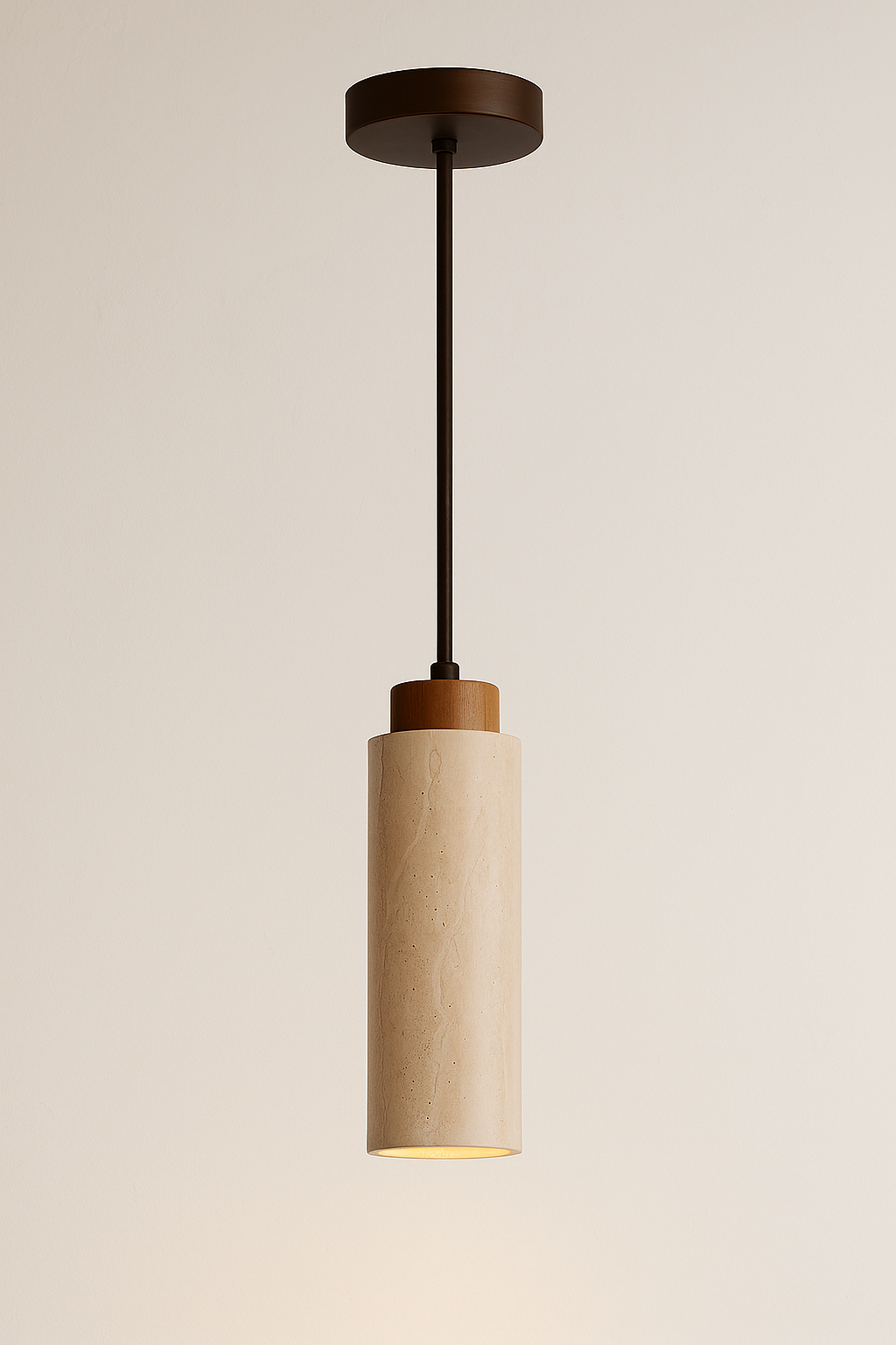 Tessaro Cylinder Pendant Light - Travertine Stone & Wood Detail