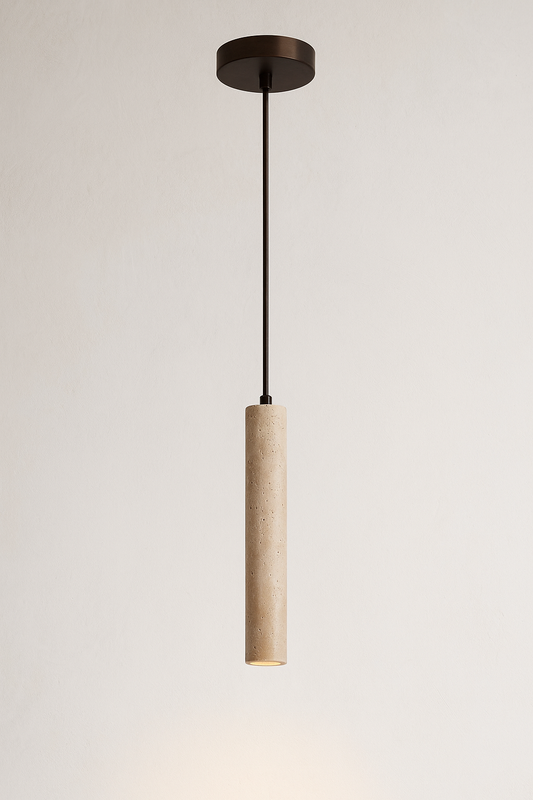 Pendant light with beige cylindrical shade and black fixture on a neutral background