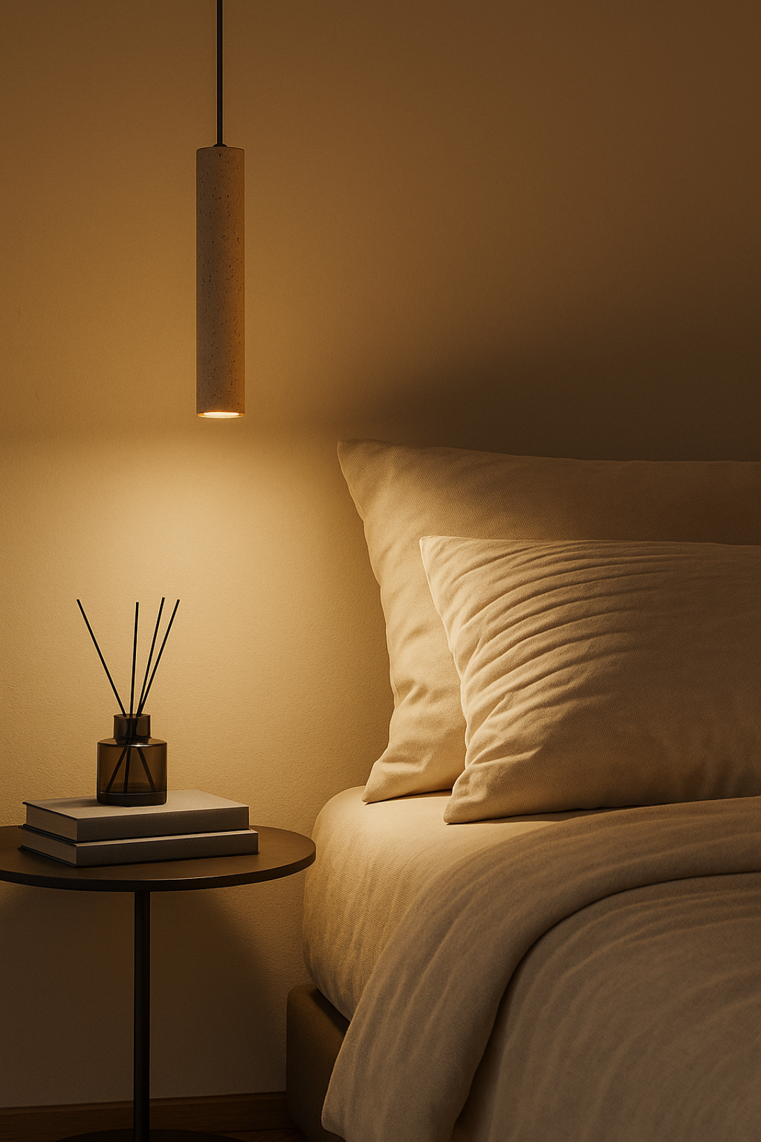 Bedroom with a lamp casting a warm glow on a nightstand and bed.