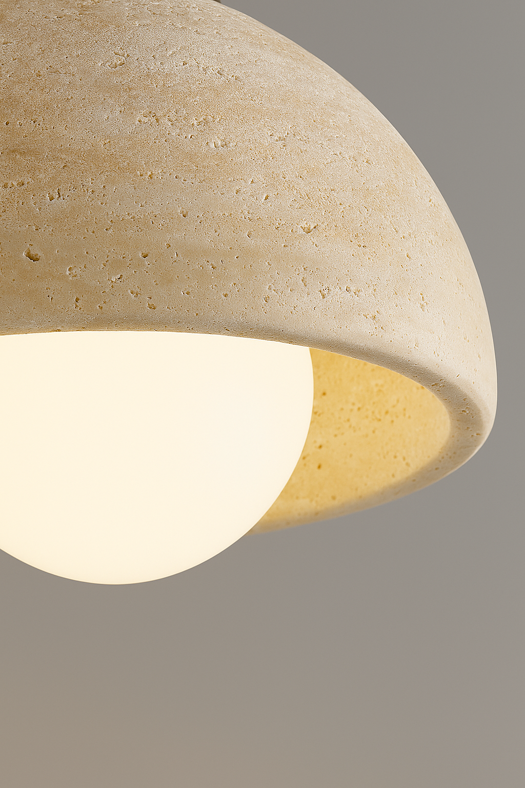 Tessaro Dome Pendant Light - Travertine Stone & Oak Wood